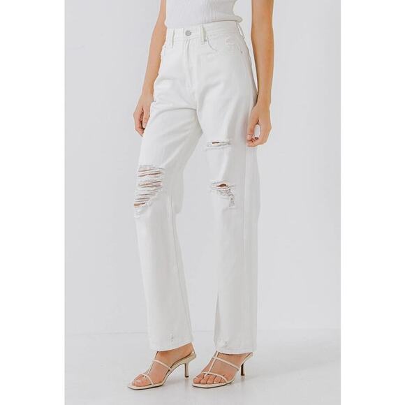 Grey Lab Hise rise destroyed straight leg jeans white women's Size 27 - Picture 2 of 11